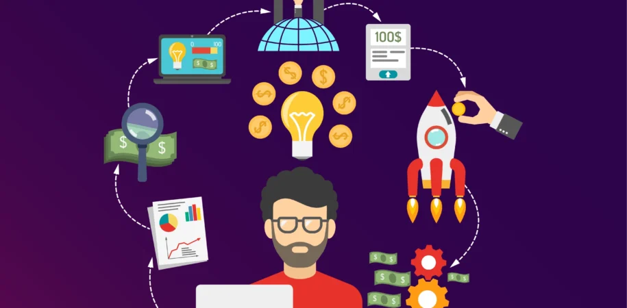 Flat illustration of a startup founder at a laptop surrounded by a circular funding cycle with an idea bulb, coins, a globe, growth charts, and a hand dropping a coin into a launching rocket