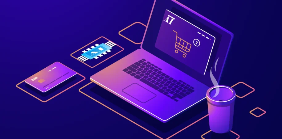 Isometric illustration of a laptop showing an online shopping cart with an AI microchip, bank card, and coffee cup on a dark purple background