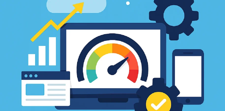 Flat illustration of a laptop showing a website speed gauge with a rising growth arrow, bar chart, gears and a mobile phone